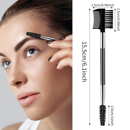 Double-head black eyelash and brow comb brush with silver handle