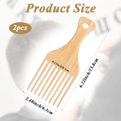 2 PCS Bamboo Comb Set for Afro Hairstyle, Natural Anti-Static Hair Picks for Curly Hair, Wooden Wide Tooth Comb with Pick, Long Tooth Detangling Combs for Men Women Curly Wavy Thick Long Hairs
