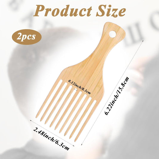 2-piece bamboo hair comb set, wide-tooth wooden pick comb for detangling