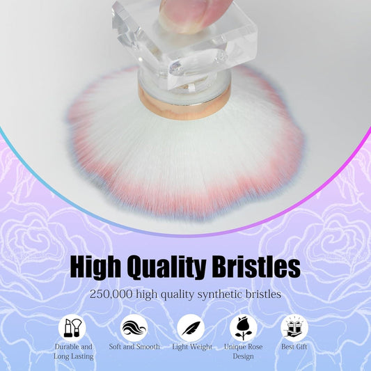 Pink rose nail dust brush with soft synthetic bristles and clear square handle