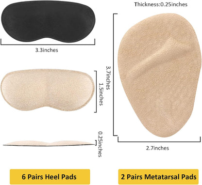 Heel Inserts for Women, 6 Pairs Heel Pads and 2 Pairs tarsal Pads Women, Ball of Foot Cushions for Women All Day Pain Relief, Heel Cushion Heel Grips Shoes Too Big Inserts