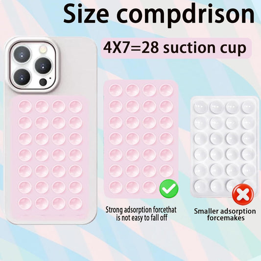 Phone back with 28 suction cup pads, pink and white size comparison