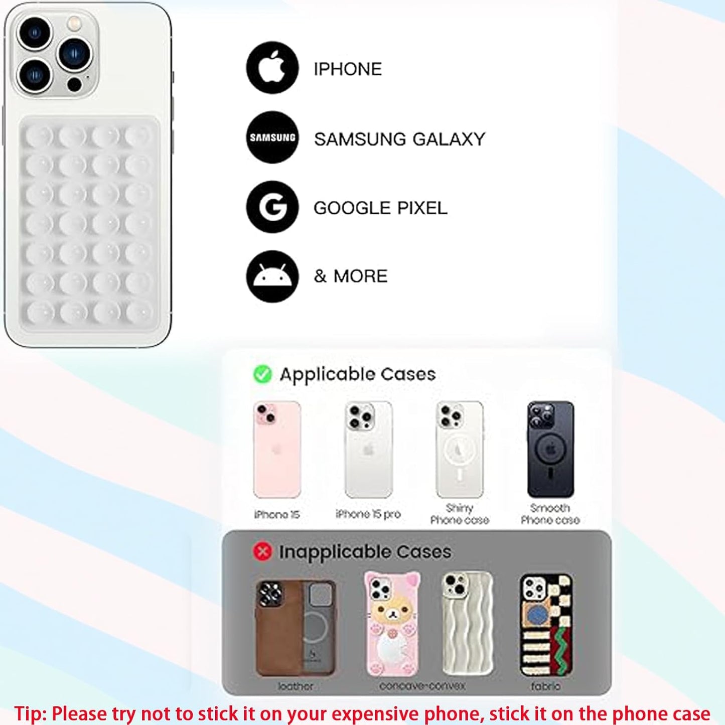 3 PCS Double Sided Phone Suction Pad,Sticky Phone Case for Wall ands-Free Fidget Toy Mirror Shower,Suction Cup Holder for Car Mobile Power Supplies (Black White Pink)