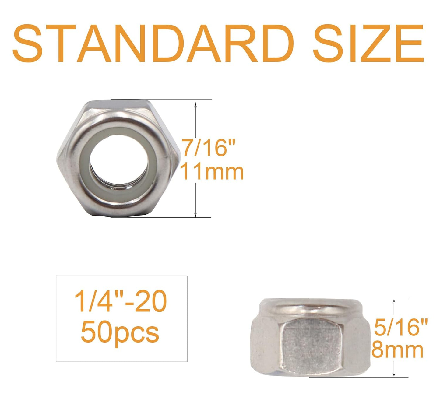 50pcs 1/4-20 Inch Nylon Inserted Self Locking Nuts - 304 Stainless Steel, 1/4" Nylock Nuts for Furniture, Tools, Handle