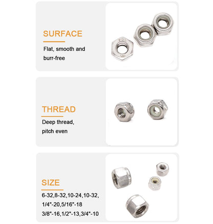 50pcs 1/4-20 Inch Nylon Inserted Self Locking Nuts - 304 Stainless Steel, 1/4" Nylock Nuts for Furniture, Tools, Handle