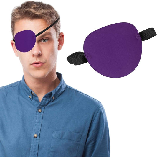 Purple fabric eye patch with adjustable black elastic strap