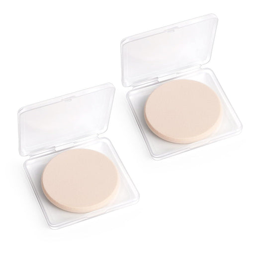 Round makeup sponge puffs in clear travel cases, beige