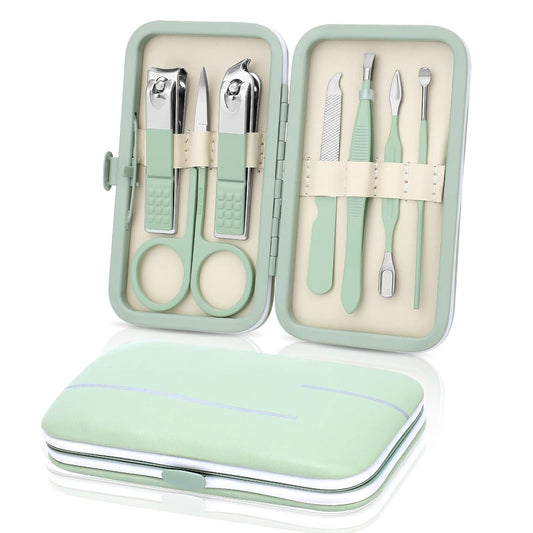 Stainless steel nail care set in mint case with clippers, files, tweezers, and scissors