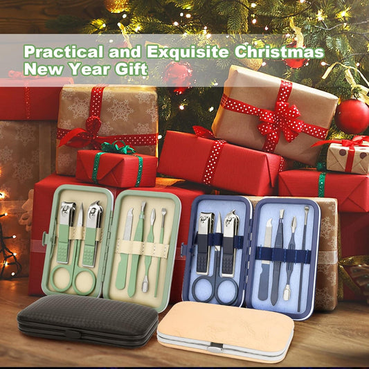 Manicure tool set with mint or blue cases, clippers, files, scissors, and tweezers