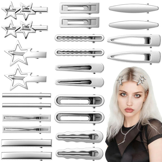 Silver star hair clips and metal alligator barrettes set, multiple pieces for styling.