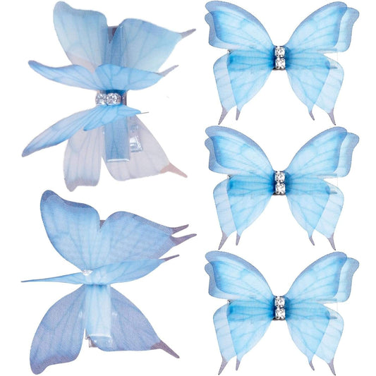 Set of five blue organza butterfly hair clips with rhinestone centers