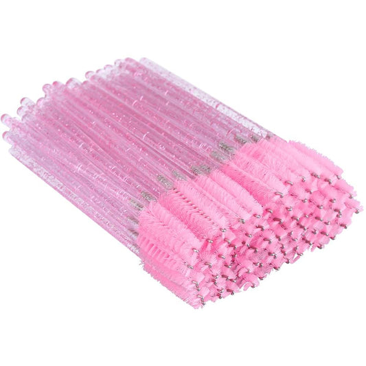 Pink disposable eyelash mascara spoolies, bundle of plastic wand brushes