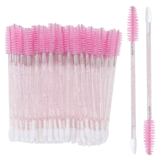Dual-ended makeup brush set with pink mascara spoolies and white lip applicator tips