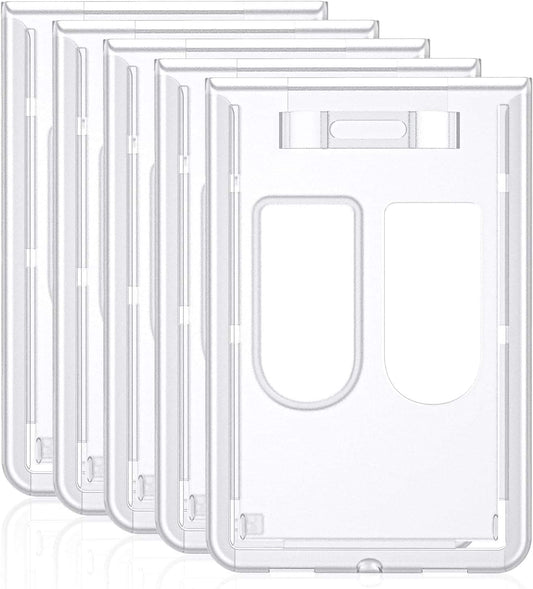 Stack of clear frosted vertical badge holders with top label window and card slots