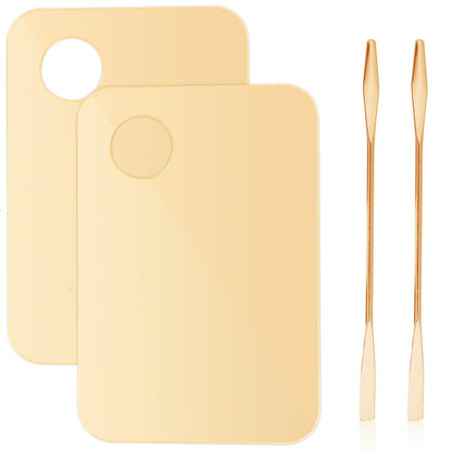 2Pcs Acrylic Makeup Mixing Palette with 2 Pcs Makeup Spatula, Gold Foundation Mixing Tray Cosmetic Palette Mixer for Foundation, Eyeshadow, Lipsticks, Nail Art