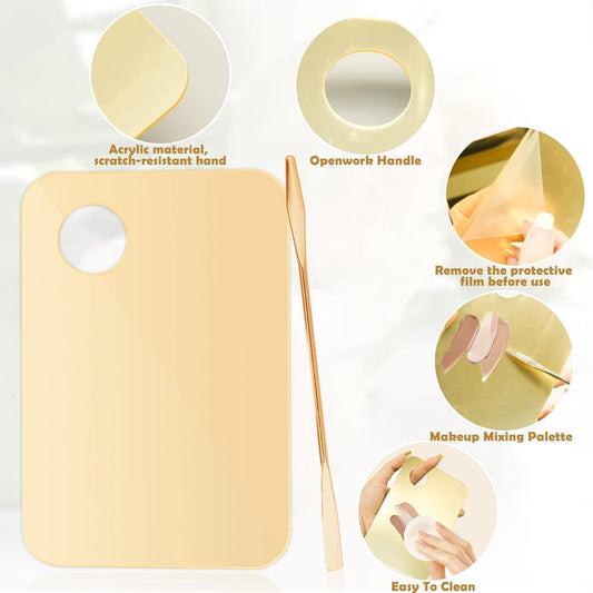 2-piece makeup mixing palette with gold-toned spatulas, light beige acrylic trays
