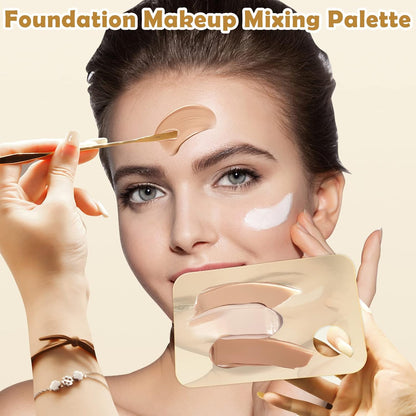 2Pcs Acrylic Makeup Mixing Palette with 2 Pcs Makeup Spatula, Gold Foundation Mixing Tray Cosmetic Palette Mixer for Foundation, Eyeshadow, Lipsticks, Nail Art
