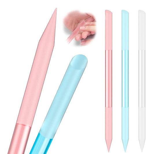 Glass cuticle pusher and nail file sticks, pink and blue, double-sided tip