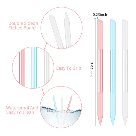 3-piece glass cuticle pusher and nail file sticks set, pink, blue, clear