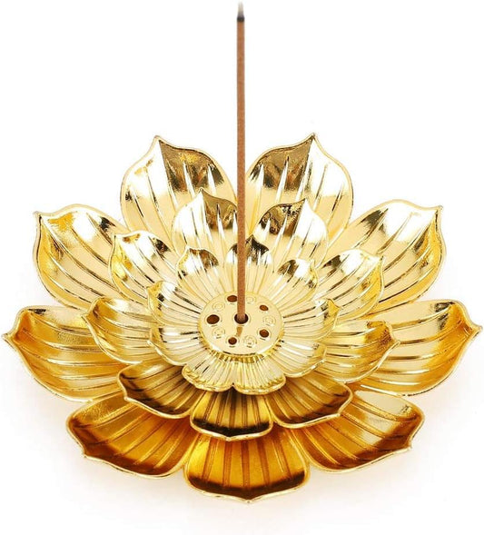 Gold lotus incense holder with central stick burner base and petal ash tray