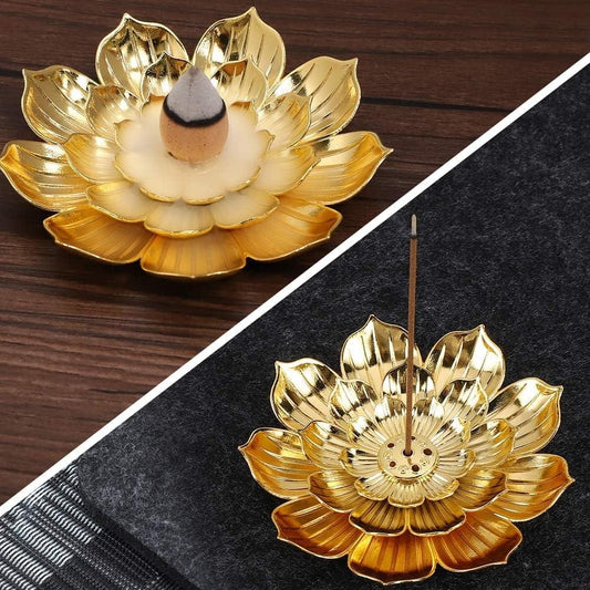 Gold lotus incense holder with ash pad and raised stick burner center opening