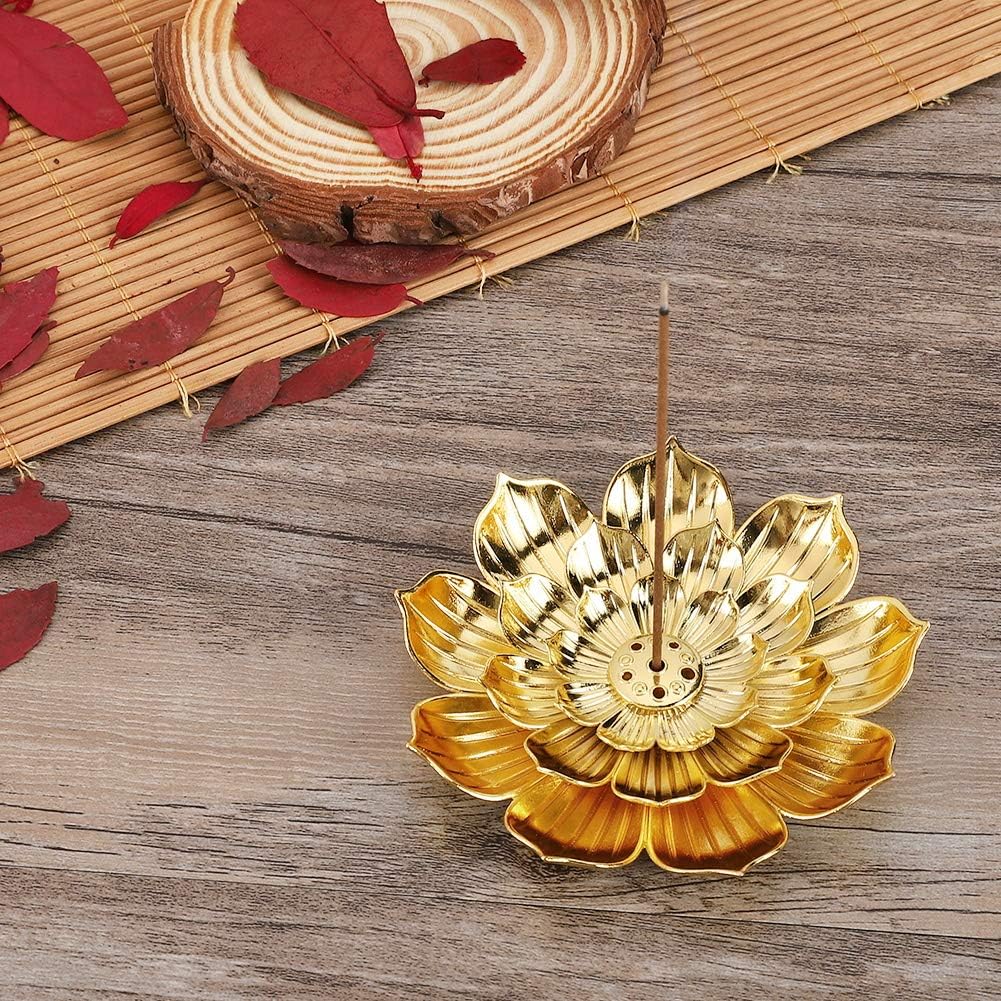 Zinc Alloy Incense Holder, Lotus Stick Incense Burner, Incense Holder for Stick/Coil/Cone Incense with Ash Catcher, Gold