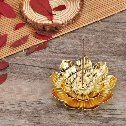 Zinc Alloy Incense Holder, Lotus Stick Incense Burner, Incense Holder for Stick/Coil/Cone Incense with Ash Catcher, Gold