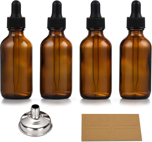 Amber glass dropper bottles with black caps, set of four, with kraft labels