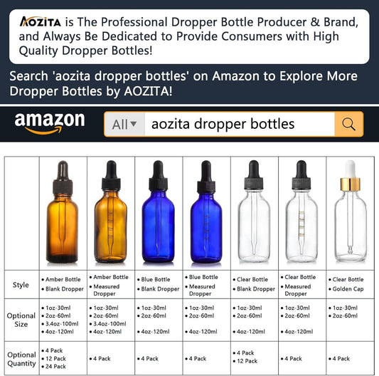 Amber dropper bottles with black caps shown with multiple size options and labels