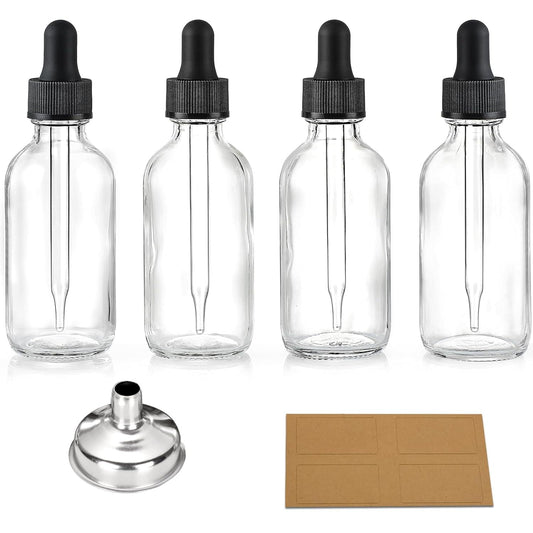 Set of 4 clear glass dropper bottles with black caps, stainless funnel and kraft labels