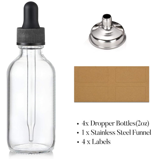 Clear glass dropper bottle with black cap, stainless funnel, and kraft label sheet
