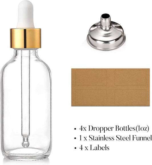 Clear glass dropper bottle with white cap, stainless steel funnel, and kraft labels