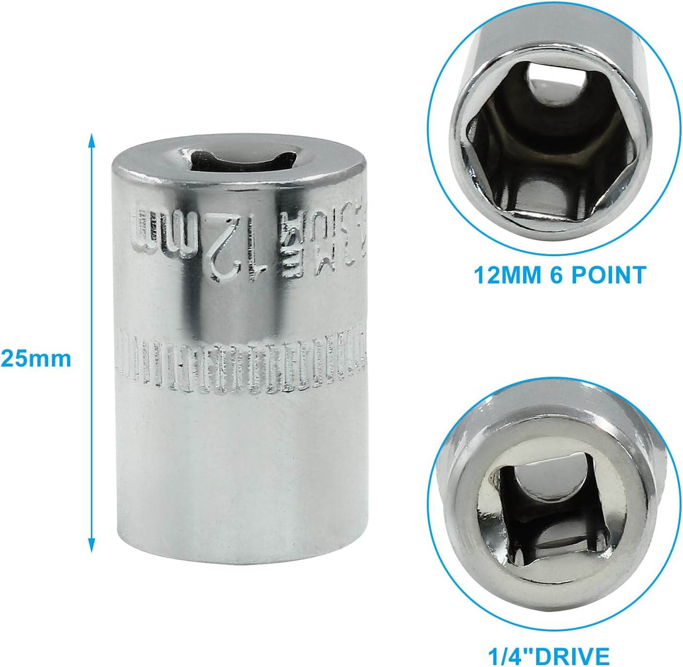 1/4-Inch Drive × 12mm Deep Shallow Socket, 6 Point Shallow Socket, Cr-V, Standard, Metric, 2Pcs
