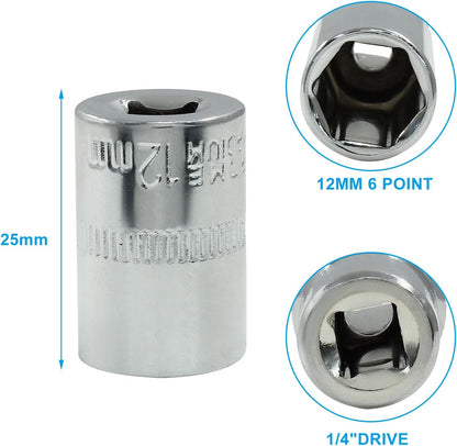 1/4-Inch Drive × 12mm Deep Shallow Socket, 6 Point Shallow Socket, Cr-V, Standard, Metric, 2Pcs