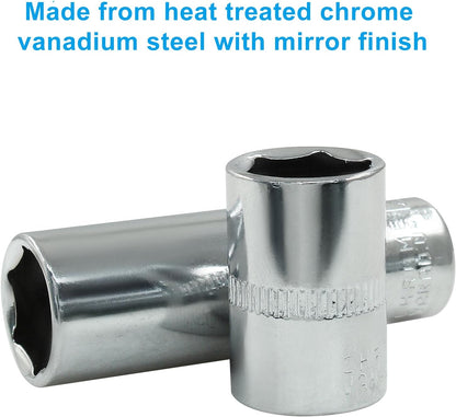 1/4-Inch Drive × 12mm Deep Shallow Socket, 6 Point Shallow Socket, Cr-V, Standard, Metric, 2Pcs