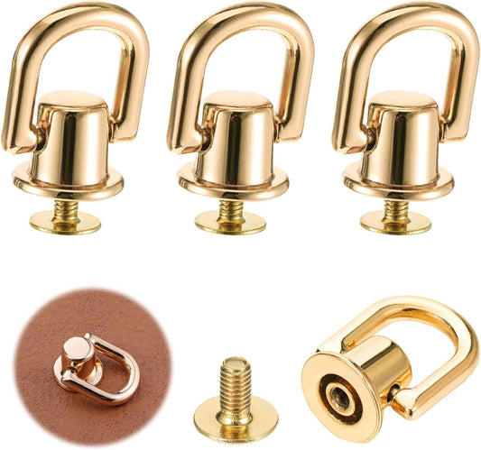 Gold D-ring purse hardware set with stud screw rivets, 3 views