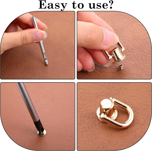 Gold rotating D-ring purse hardware with stud screw and leather strap