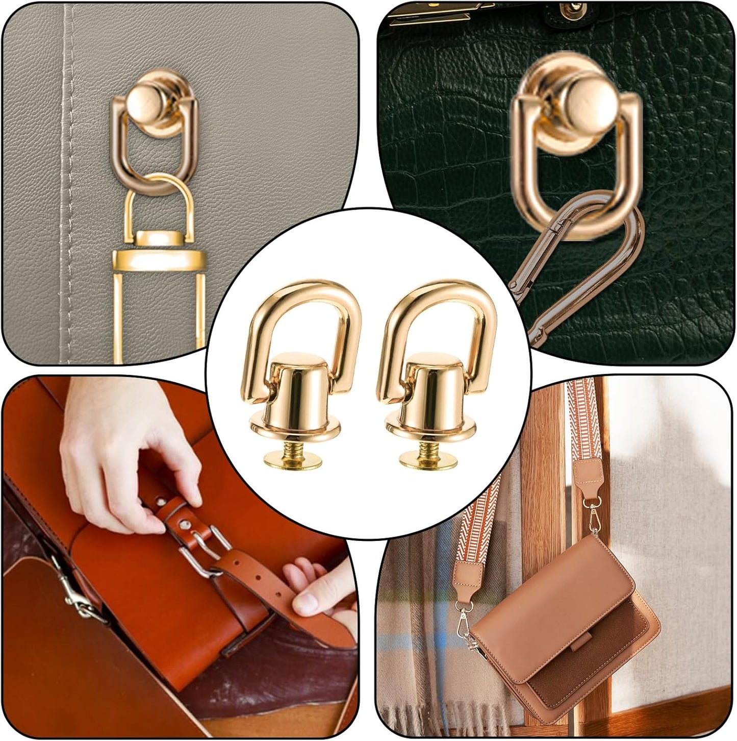 4 Pcs D Rings for Purse, Heavy Duty 360° Rotatable Metal Hardware, Stud Screw Ball Rivets with Punch Purse Making Supplies for Crossbody Conversion Kit DIY Handbag Leather Straps, Dog Collar (Gold)