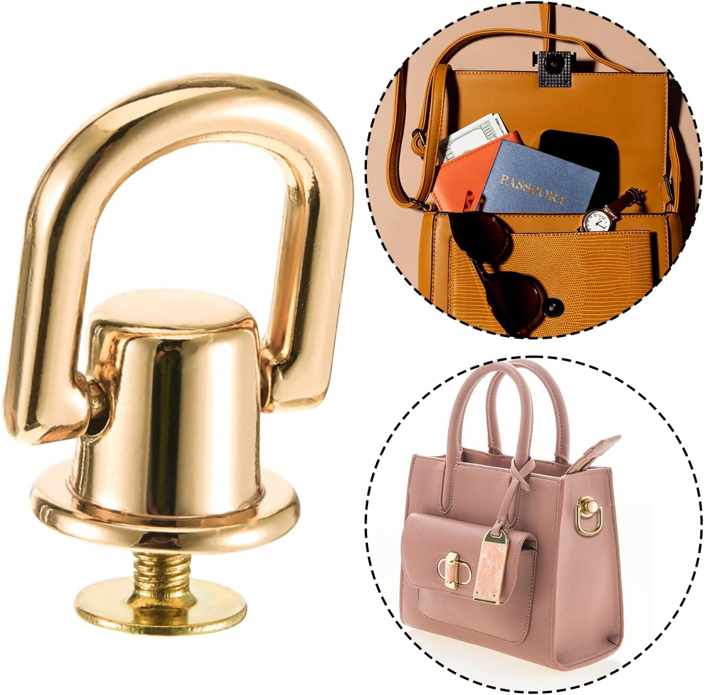 4 Pcs D Rings for Purse, Heavy Duty 360° Rotatable Metal Hardware, Stud Screw Ball Rivets with Punch Purse Making Supplies for Crossbody Conversion Kit DIY Handbag Leather Straps, Dog Collar (Gold)