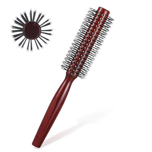Small round hair brush with burgundy wooden handle and white bristle pins