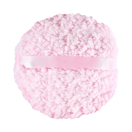 Pink round plush powder puff with white ribbon strap, extra-soft fluffy texture