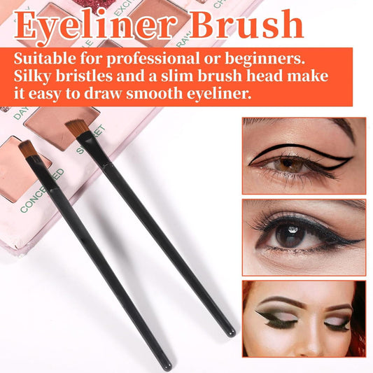 Angled eyeliner brush with black handle and orange bristles, two brushes shown