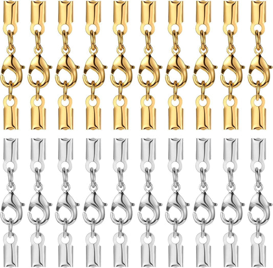 Fold-over cord end caps with clasp loops, gold and silver metal connectors, 20-piece set