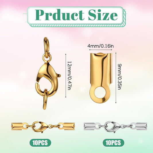 Fold-over cord end cap connectors, gold and silver options, with size diagram