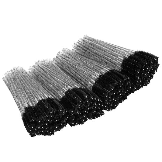 Disposable spoolie eyelash and eyebrow brush set, black bristles on silver handles