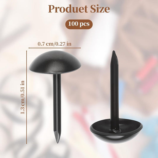Black metal upholstery tacks with round heads and pointed tips, 7x13mm shown