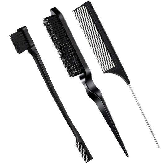 Black bristle hair brush set with small brush, larger brush, and fine-tooth comb