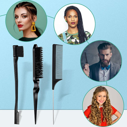 3 Pcs Slick Back Hair Brush Set Bristle Brush Edge Control Teasing Comb for Women Black Hair(Black)