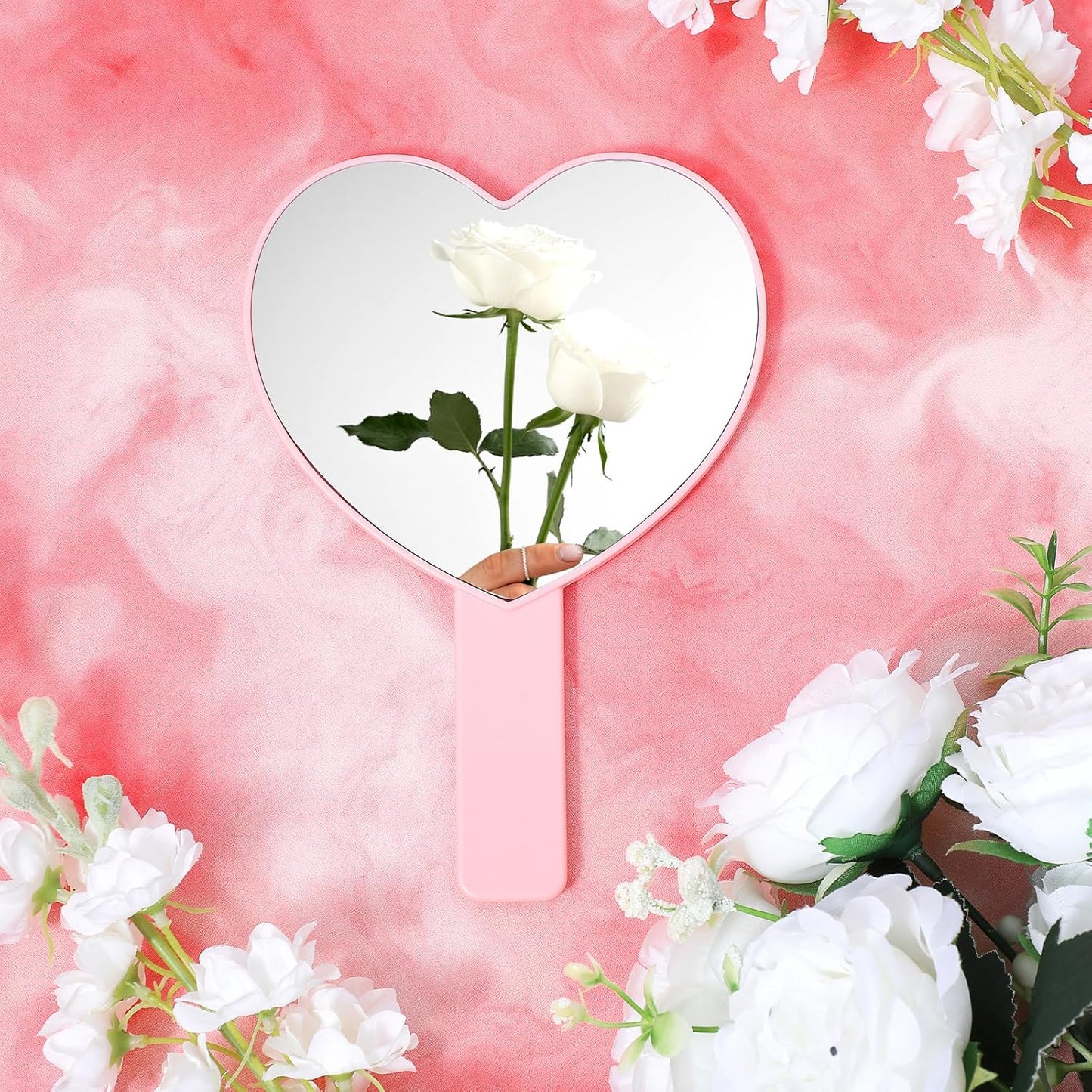 Heart Shaped Small Handheld Mirror,Handheld Eyelash Mirror Cosmetic Hand Mirrors with Handle for Portable Travel for Women Girls (Pink)