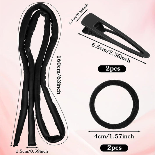 Black heatless curling headband set with fabric strip and two hair clips